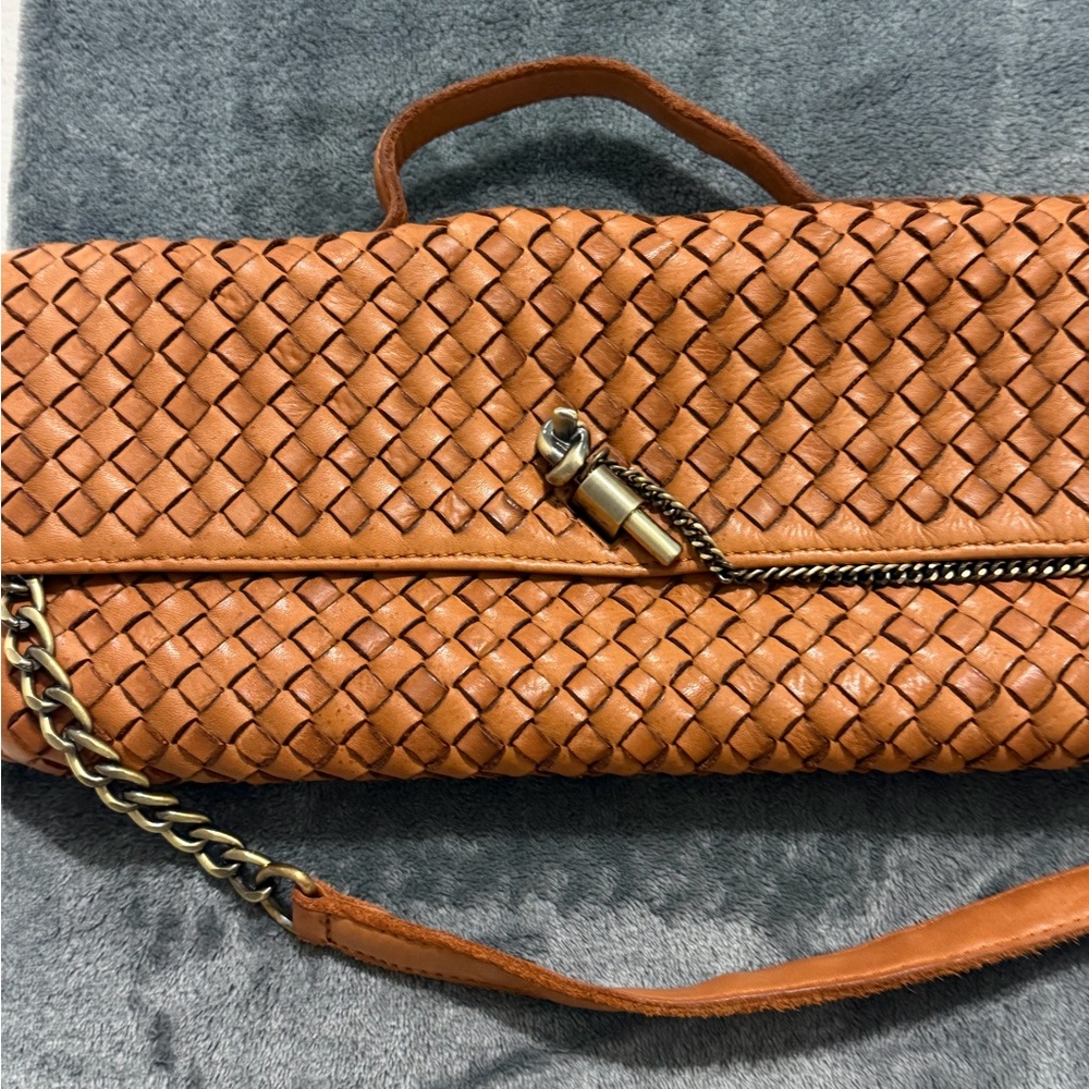 Chic Tan Woven Leather Clutch with Chain Strap